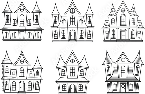 Set of Spooky Haunted House Line Art Vector Illustrations for Halloween and Horror Themes
