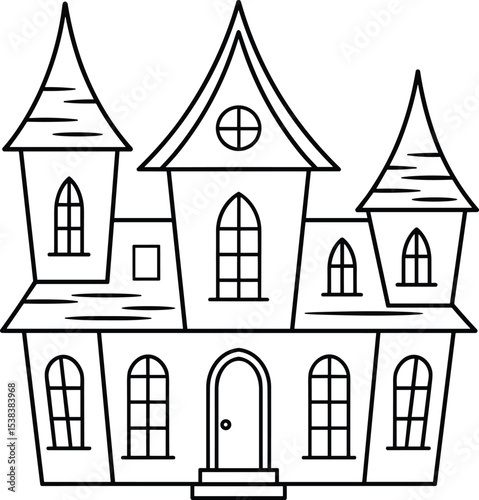 Haunted House Line Art Vector Illustration with Gothic Towers and Arched Windows