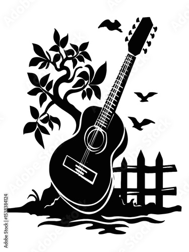 Acoustic Guitar Silhouette Against Tree and Fence in Black Design