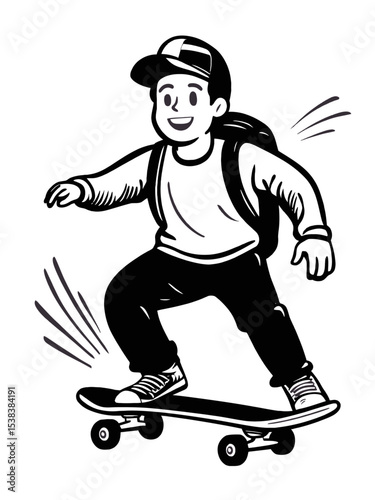 Cartoon Boy Skateboarding with Backpack in a Dynamic Pose