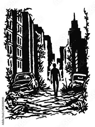 Futuristic Urban Walk in Abandoned City Landscape at Dusk