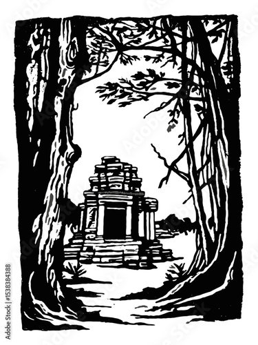 Ancient Ruins Surrounded by Lush Trees in Artistic Black and White Style