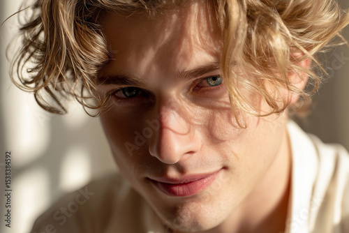 radiant young man with tousled golden-blonde hair and crystal-clear blue eyes, his expression both kind and quietly confident.   photo