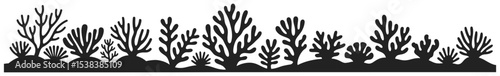 Underwater coral reef silhouette with diverse branching corals on ocean floor, vector illustration set. Marine border design representing sea life habitat in natural composition.