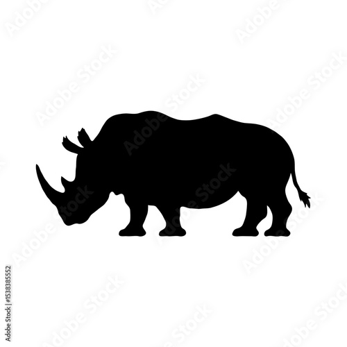 Photorealistic Black Silhouette of a Rhinoceros in Profile: High-Contrast Digital Art Featuring Detailed Horn, Textured Skin, and Dramatic Lighting