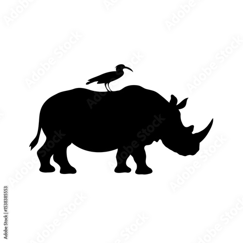 Elegant Black and White Digital Art of a Rhinoceros and Bird in Silhouette: A Minimalist, Simple, and Clean Wildlife Illustration