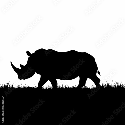 Elegant Black and White Silhouette of a Walking Rhinoceros in Grassland: A Minimalist and Simple Wildlife Illustration Inspired by Nature