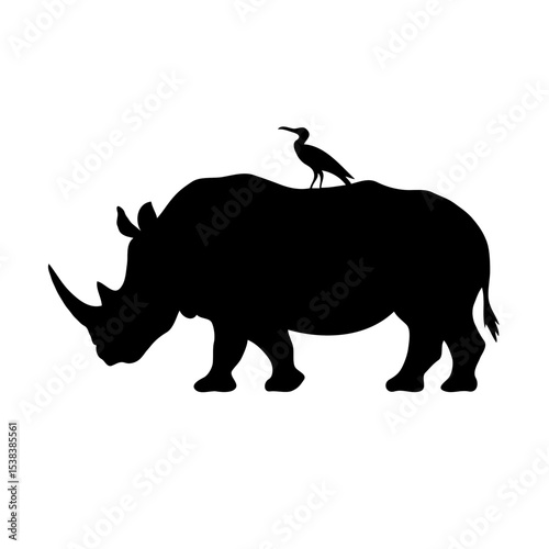 Minimalist Digital Art of a Rhinoceros in Black Silhouette with a Bird on Top: A Simple and Abstract Wildlife Composition