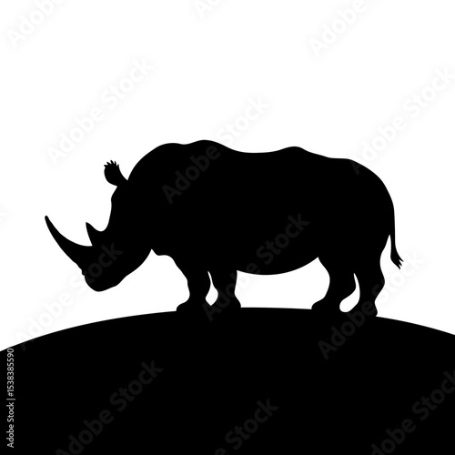 Elegant Black and White Silhouette of a Rhinoceros Standing on a Hill: A Minimalist and Simple Wildlife Landscape Illustration Capturing the Grace of Nature in a Refined Abstract Style