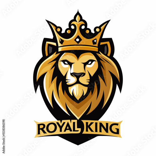 Golden Lion Head with Crown Royal King Logo Design Illustration