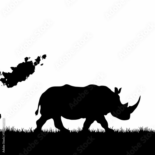 Silent Strength: A Minimalist Black and White Silhouette of a Rhinoceros Against the Dark Backdrop of the African Savanna Grasslands