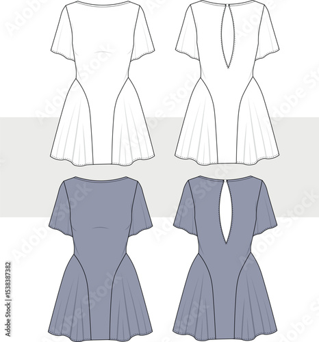 Women's cute flared mini dress with back detail technical fashion Illustration. flat technical drawing template, flare, slim fit, CAD mockup set.
