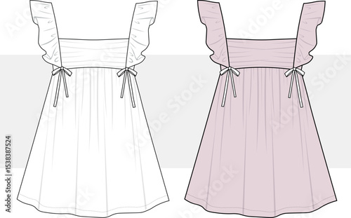 Girl short flared mini dress with frills technical drawing, fashion design, flat sketch, illustration. Cad, Mockup.