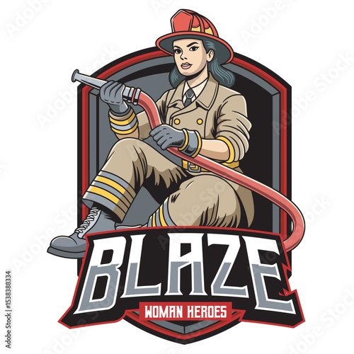 Vector Illustration of Woman Firefighter Carrying Fire Hose with Detailed Illustration Available for Logo Badge