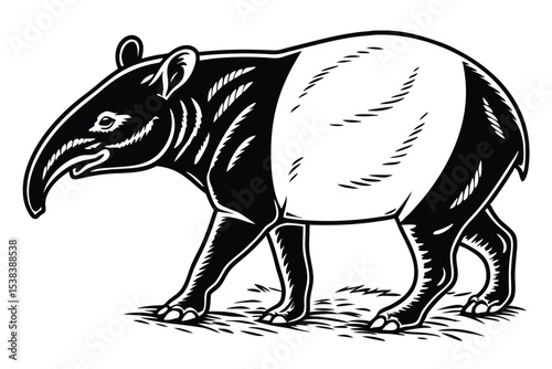 Monochrome Malayan tapir walking on grassy ground showcases a unique pattern design