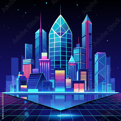 Futuristic Cityscape with Neon Lights and Reflections on a Grid Surface