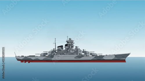 Bismarck Battleship Vector Illustration – German WWII Warship Side View in black and white Colors