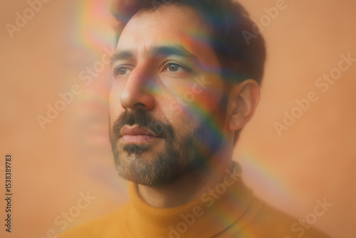 Pensive young man with beard in mustard turtleneck gazing forward, soft lens flare and rainbow light effect on warm background