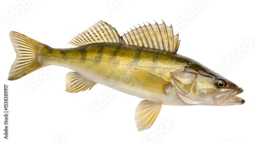 A yellow perch fish with distinct vertical stripes and a streamlined body. The fish is displayed against a transparent background, showcasing its fins and features clearly.