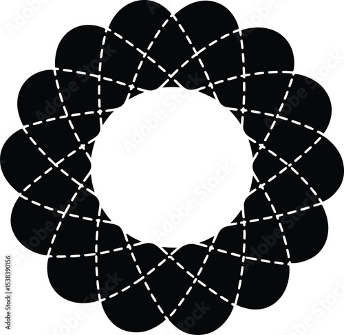 A geometric design featuring a circular arrangement of black petal shapes with intersecting lines inside silhouette