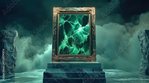 Emerald green marble framed portal in a mystical setting.