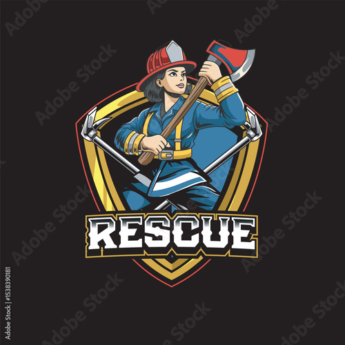 Vector Illustration of Woman Firefighter Carrying Axe with Detailed Illustration Available for Logo Badge