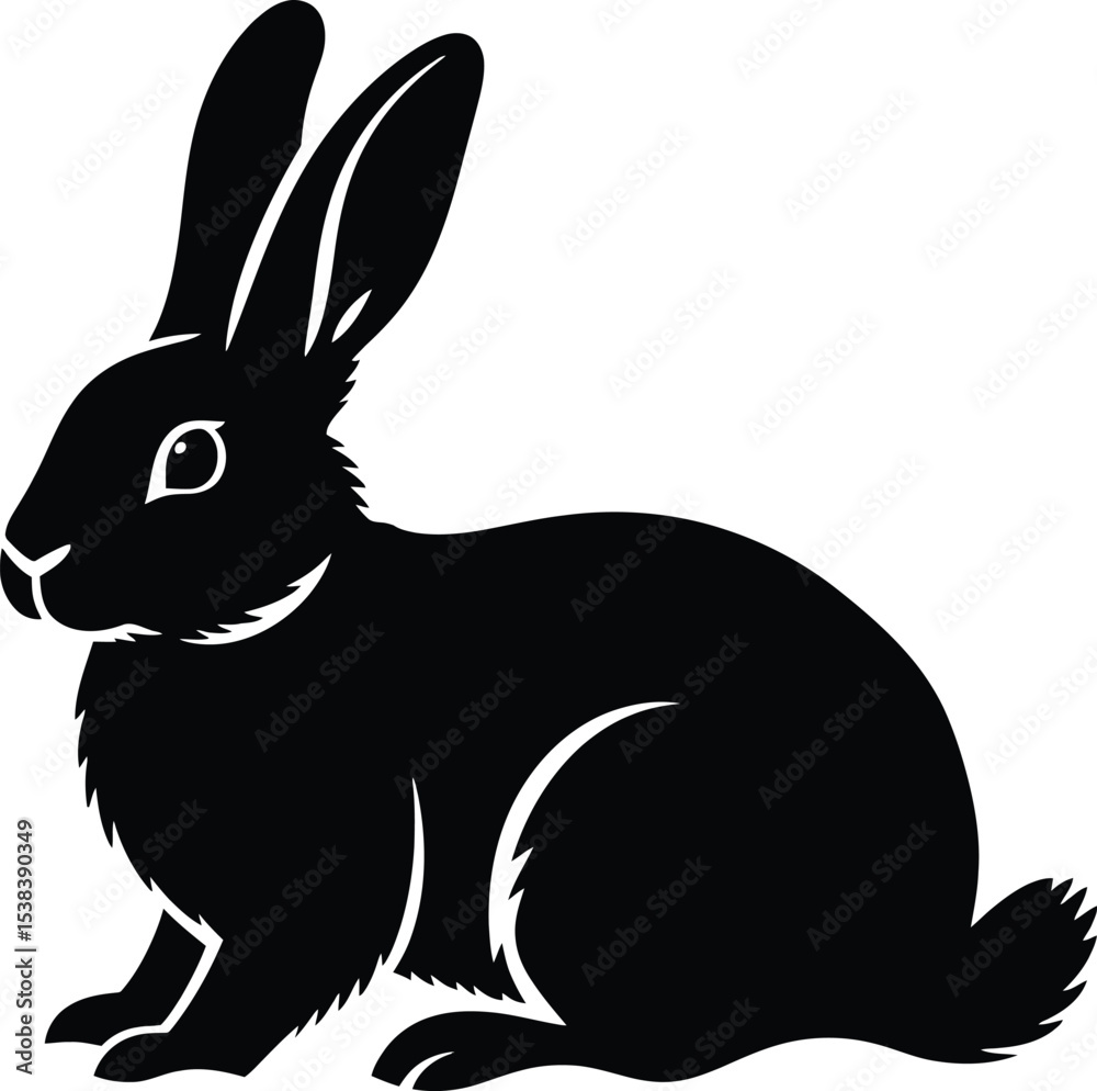 Obraz premium A simple black silhouette of a rabbit sitting with its ears perked up against a white background