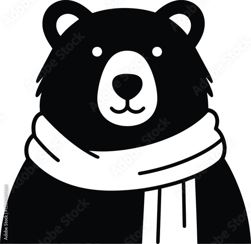 A stylized black bear wearing a white scarf with simple facial features in a vector graphic design silhouette