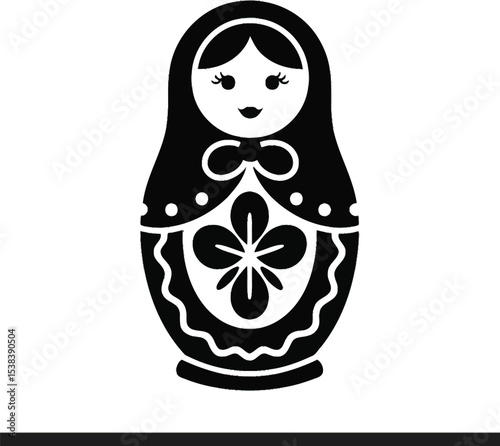 A black and white illustration of a matryoshka doll featuring a flower design on its apron area design silhouette