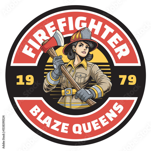 Vector Illustration of Woman Firefighter Carrying Axe with Detailed Illustration Available for Logo Badge