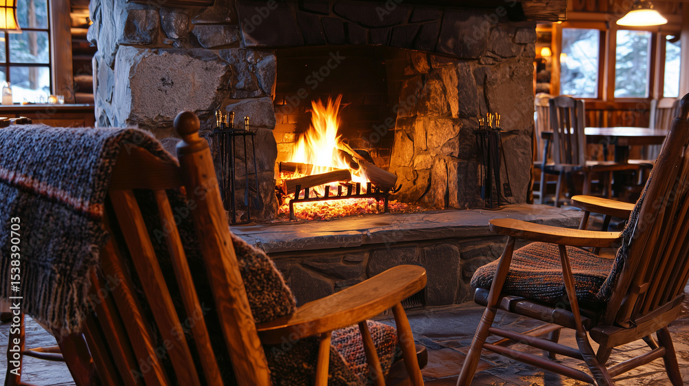 Fototapeta premium Yule Fire Festival, Cozy Fireplace Setting With Rocking Chair And Flickering Log Flames Invoking Ancient Winter Solstice Ritual And Communal Reindeer Gatherings