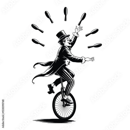 Monochrome Circus Clown Juggling Clubs Atop Unicycle black white