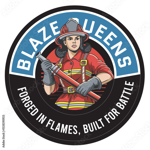 Vector Illustration of Woman Firefighter Carrying Fire Hose with Detailed Illustration Available for Logo Badge