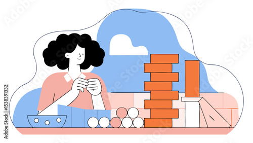 Woman Playing Stacking Games at Home