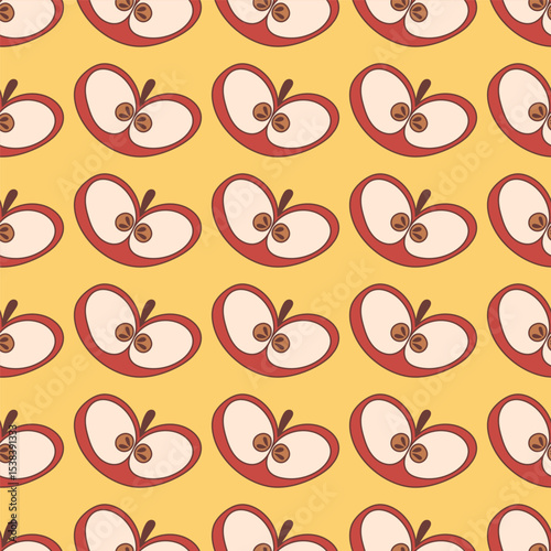 Playful seamless pattern with stylized red apple halves with seeds, arranged on a cheerful yellow background