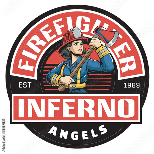 Vector Illustration of Woman Firefighter Carrying Axe with Detailed Illustration Available for Logo Badge