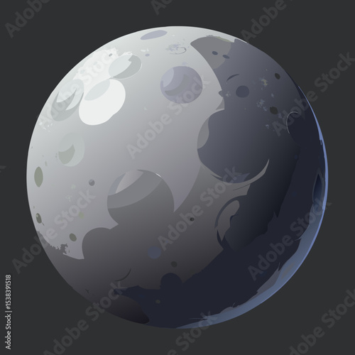 Stylized Moon Illustration with Craters and Shading on a Dark Background