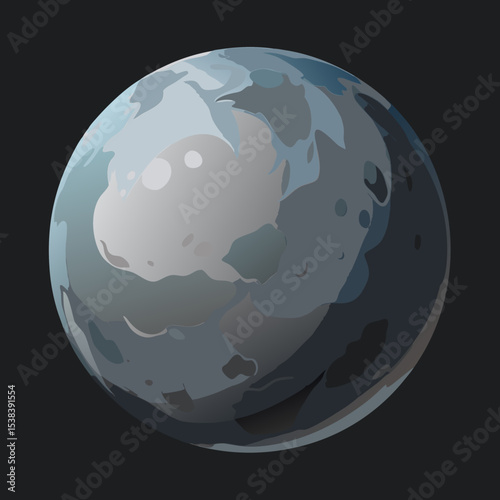 Cartoon illustration of a grey planet with craters on a dark background