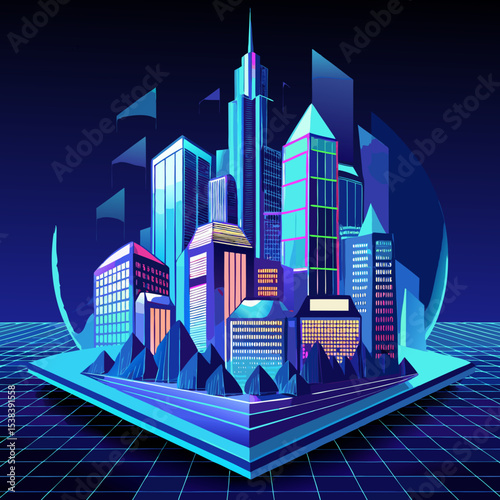 Vaporwave Cityscape with Neon Grid and Geometric Buildings Illustration