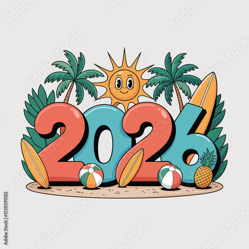 Playful 2026 Summer Beach Scene with Palm Trees Surfboards and Pineapple Vector Illustration