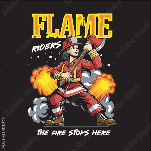 Vector Illustration of Woman Firefighter Carrying Axe with Detailed Illustration Available for Tshirt Design
