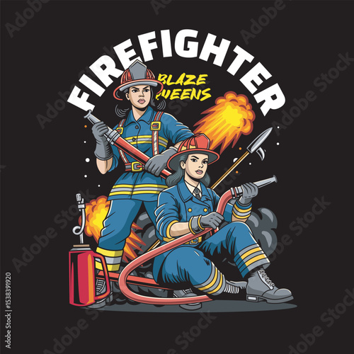 Vector Illustration of Woman Firefighter Carrying Fire Hose with Detailed Illustration Available for Tshirt Design