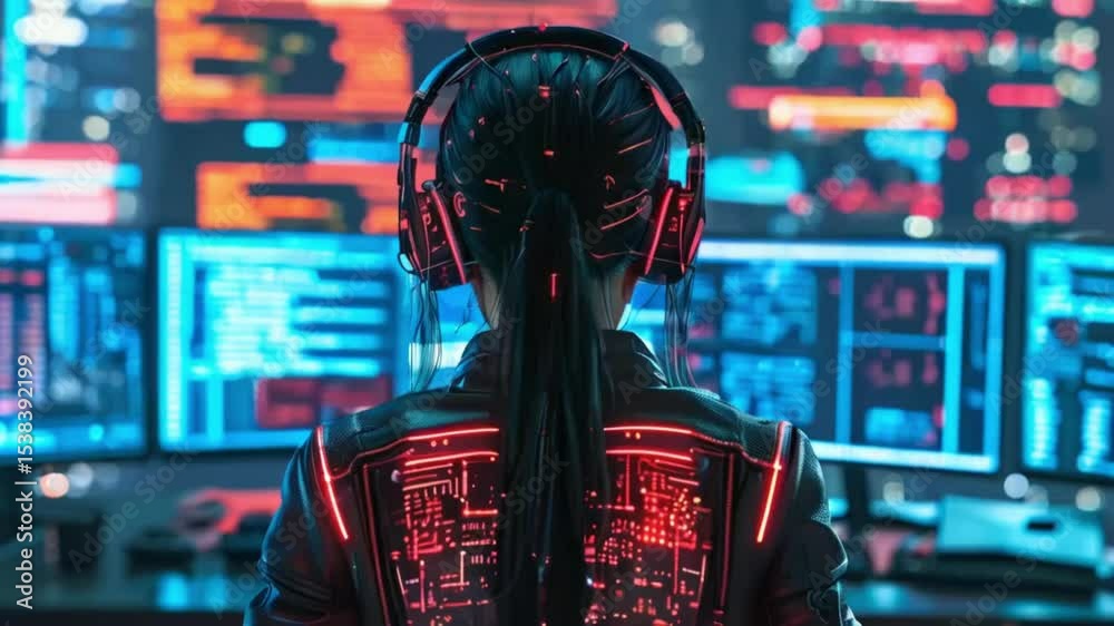 hackers create deepfakes, Back view of a Cyberpunk girl types.