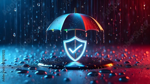 Futuristic tech insurance concept. Shield protected by umbrella. Checklist design. Modern tech design. Safe, secure cover. Safe policy. 3D illustration. Dark background. Digital plan. Covering needs.