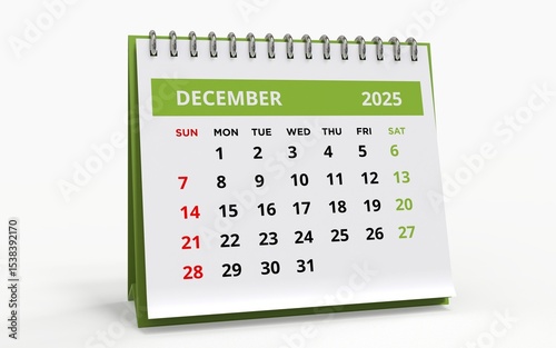 Standing Desk Calendar December 2025. Business monthly calendar with metal spiral-bound, the week starts on Sunday. 