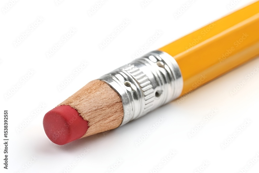 Obraz premium Vibrant Yellow Pencil with Red Eraser on White Background – Close-Up Photo