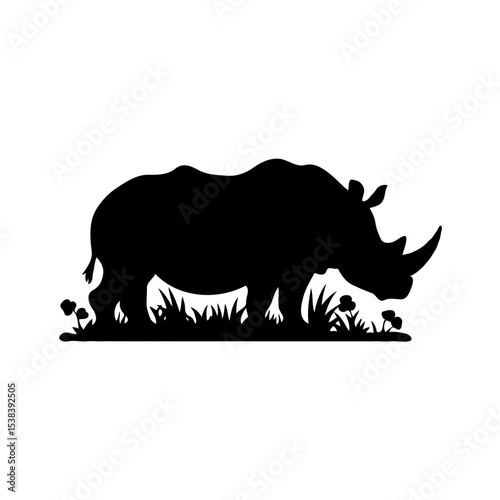 Majestic Silence: A Highly Detailed Black and White Silhouette of a Rhinoceros Walking with Cinematic Lighting in the Style of Award-Winning Wildlife Photography, Capturing the Raw Elegance and Enduri