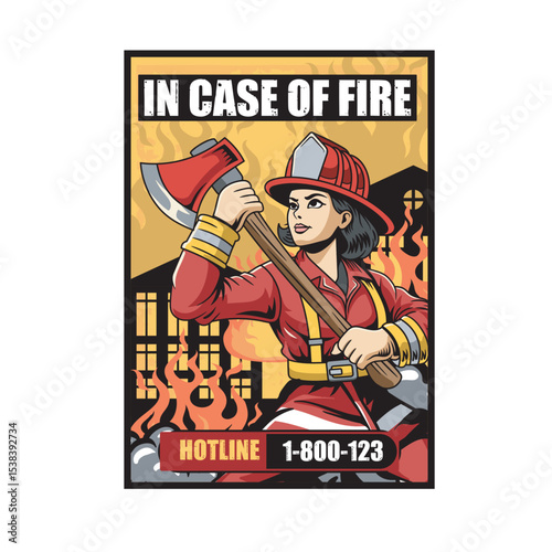 Vector Illustration of Woman Firefighter Carrying Axe with Detailed Illustration Available for Poster