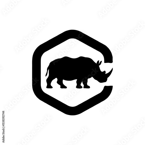 Minimalist Black Silhouette of a Rhino Within a Hexagon Frame – Black and White Digital Art