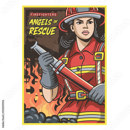 Vector Illustration of Woman Firefighter Carrying Fire Hose with Detailed Illustration Available for Poster